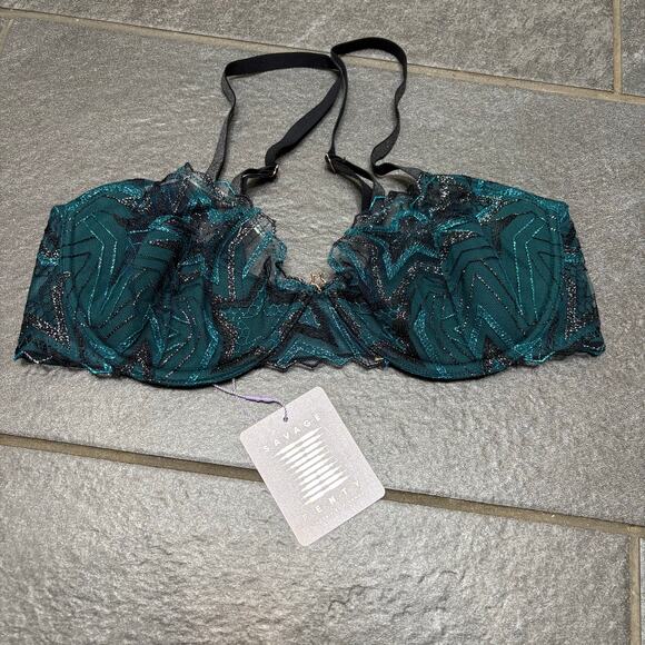 Savage X Fenty Shining Star Embroidered Half Cup Plunge Bra Wildflower Blue 36D - Picture 3 of 10